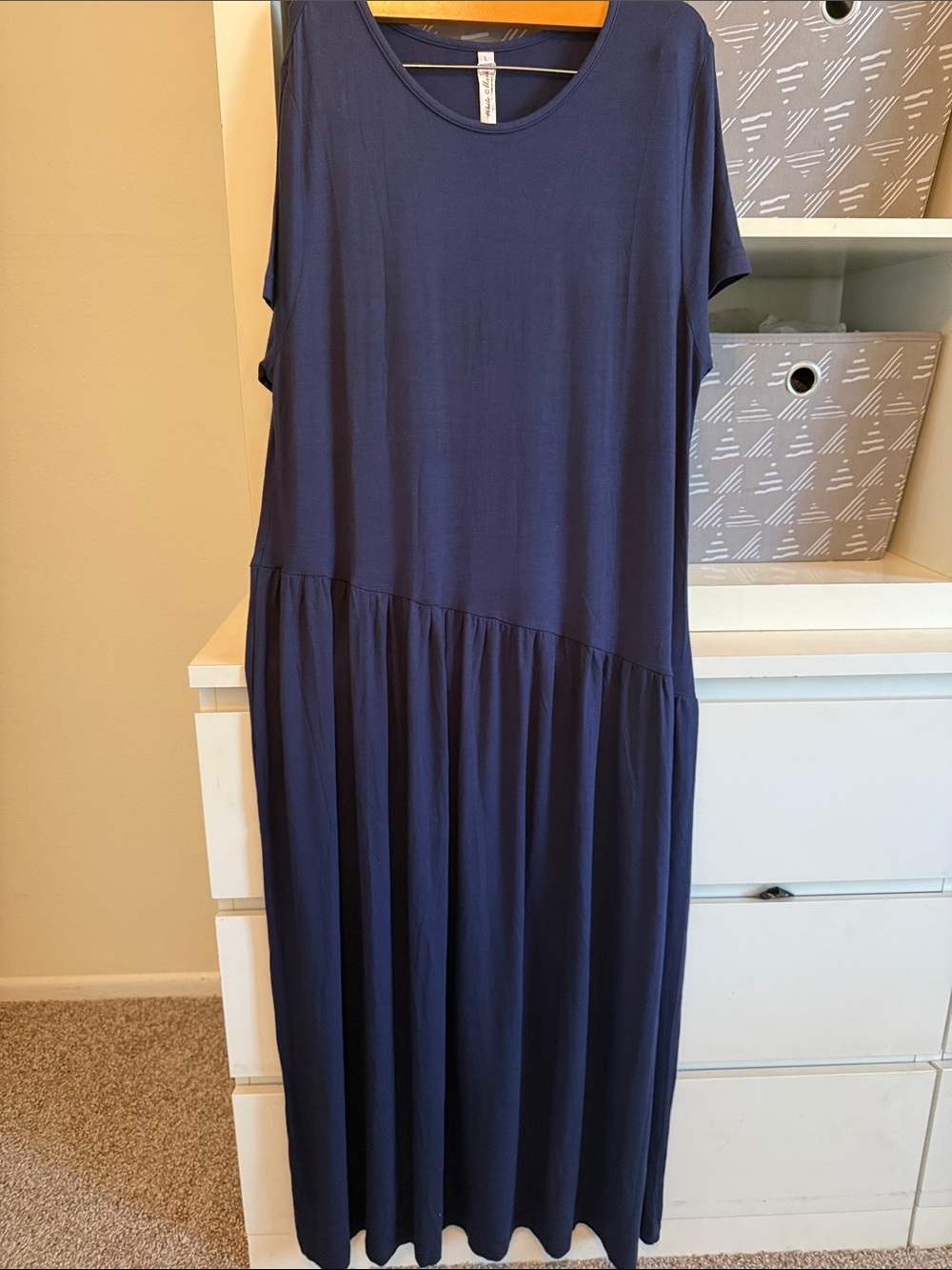 White Mark Navy Short Sleeve Asymmetric Seamed Maxi Dress